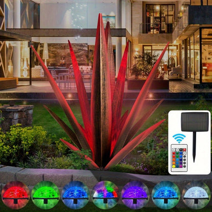 Solar Powered Agave Metal Sculpture Garden Statue – Hand-Painted Rustic Agave Figurine with LED Light & Remote Control