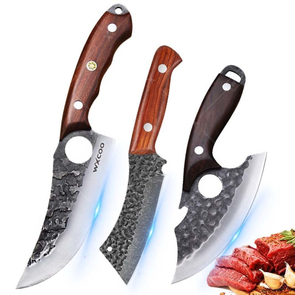Viking Chef Knife Set 3/4pcs Hammered Stainless Steel Kitchen Knives – Boning, Utility & BBQ Knife with Wooden Handle for Cooking