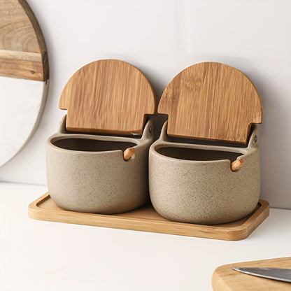 Ceramic Seasoning Pot Set with Lid & Spoon – Salt Pepper Spice Jar Container with Tray Kitchen Condiment Storage Organizer for Counter