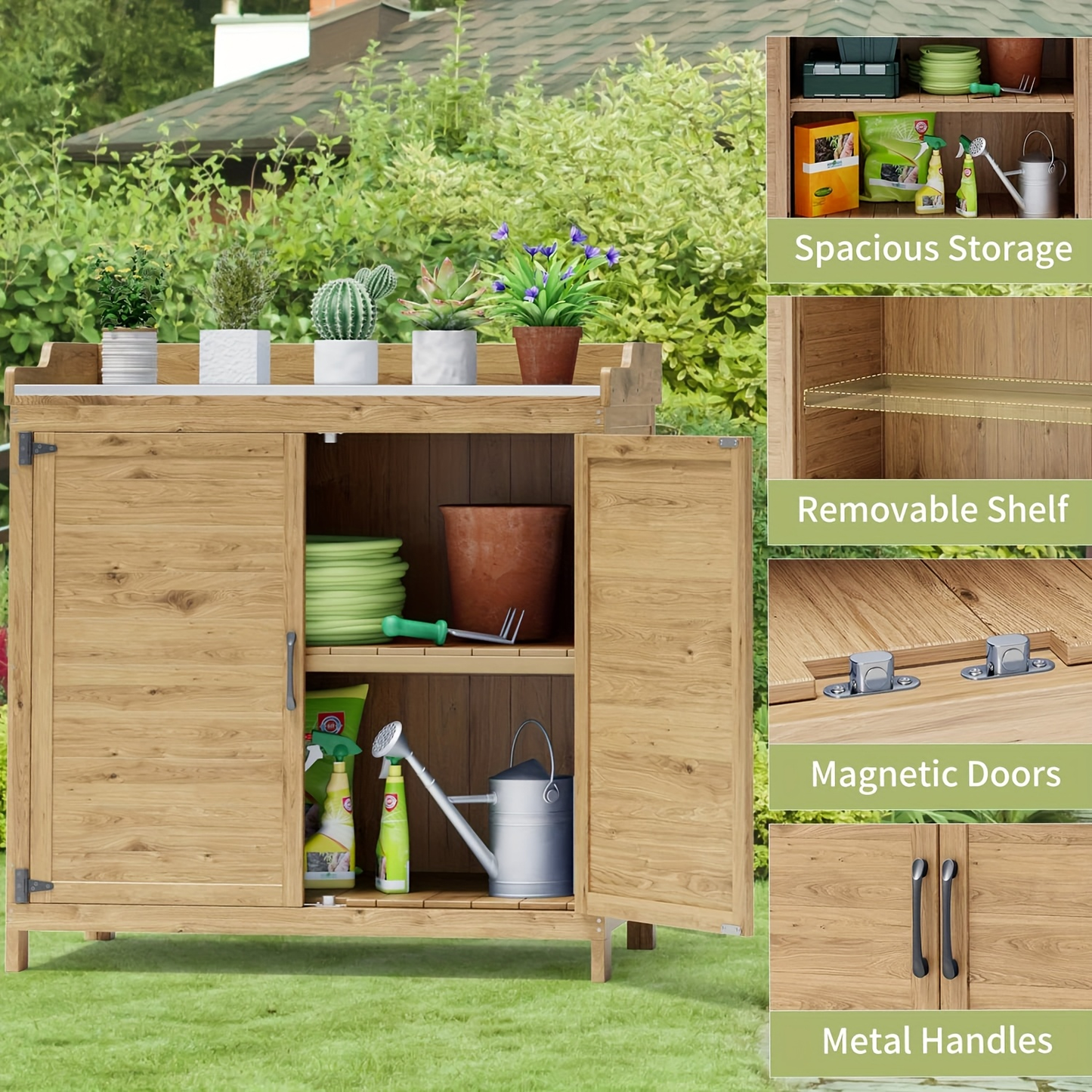 Potting Bench with Storage Cabinet, Outdoor Waterproof Wood Garden Shed Table with Removable Shelves & Doors
