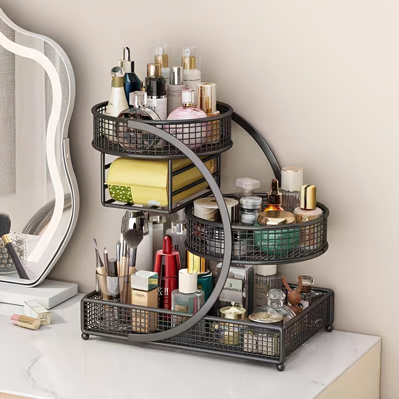3-Tier Metal Cosmetic Organizer with Tissue Box Holder No-Installation Countertop Makeup Skincare Storage Rack for Bathroom Dresser Vanity