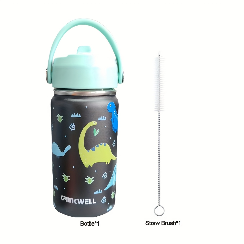 Insulated Stainless Steel Water Cup with Straw | 12oz 340ml, 3D Cartoon Pattern, Double Wall, Handle & Straw Brush – Travel