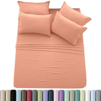 Sheet Set, Six-Piece Brushed Polyester Bedding with 16-Inch Fitted Pocket, Four Pillowcases and Twenty Colors