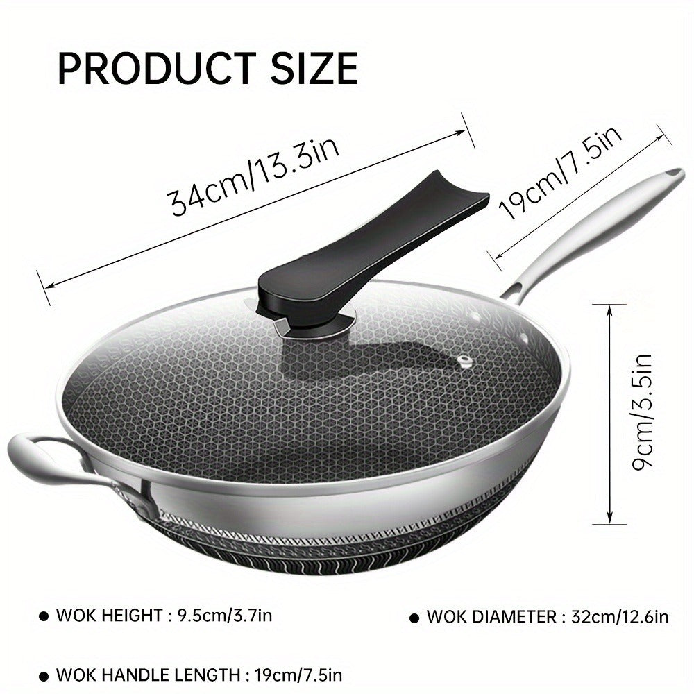 Stainless Steel Wok 13.3 Inch Honeycomb Non-Stick with Lid Spatula & Pot Brush, All Cooktop Compatible Stir Fry Pan