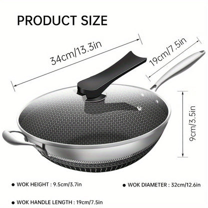 Stainless Steel Wok 13.3 Inch Honeycomb Non-Stick with Lid Spatula & Pot Brush, All Cooktop Compatible Stir Fry Pan