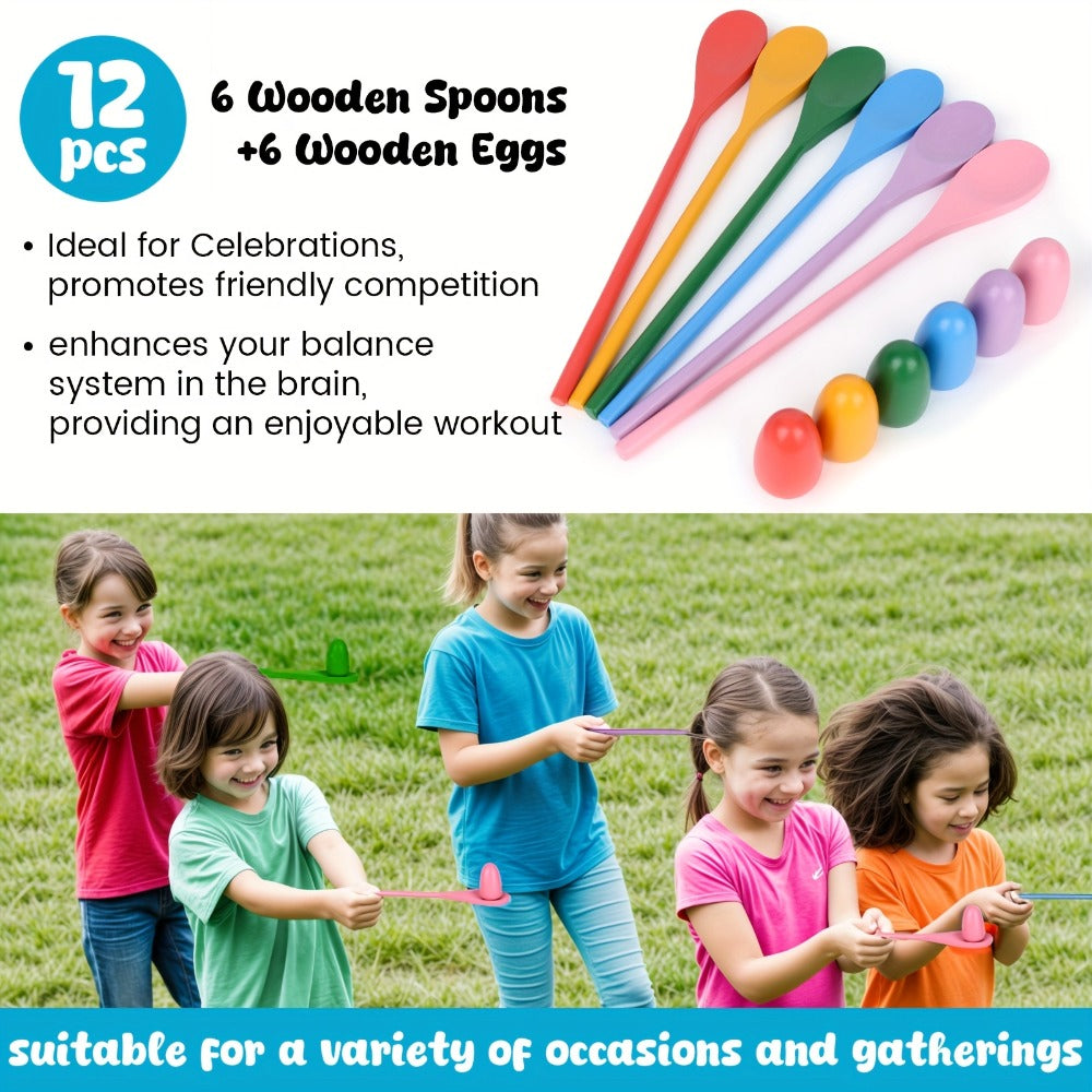 Twelve-Piece Egg-and-Spoon Race Set with Six Colored Spoons and Six Matching Eggs for Lawn Parties