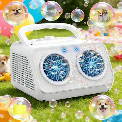 White Dual-Wheel Bubble Machine with Material Thickened Label, Handle, USB Port and Battery Compartment