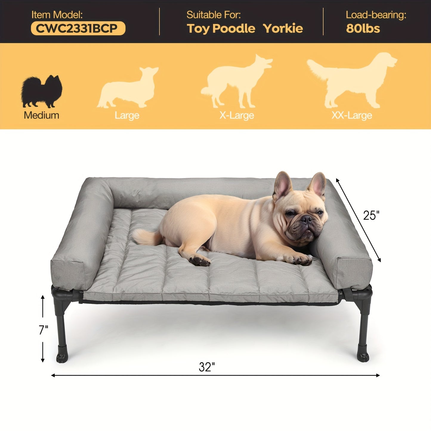 Elevated Dog Bed with Cooling Mesh & Removable Bolster Pillow Top Mat – Raised Dog Cot Bed, No-Slip Feet, Breathable Dog Sofa Bed for Indoor