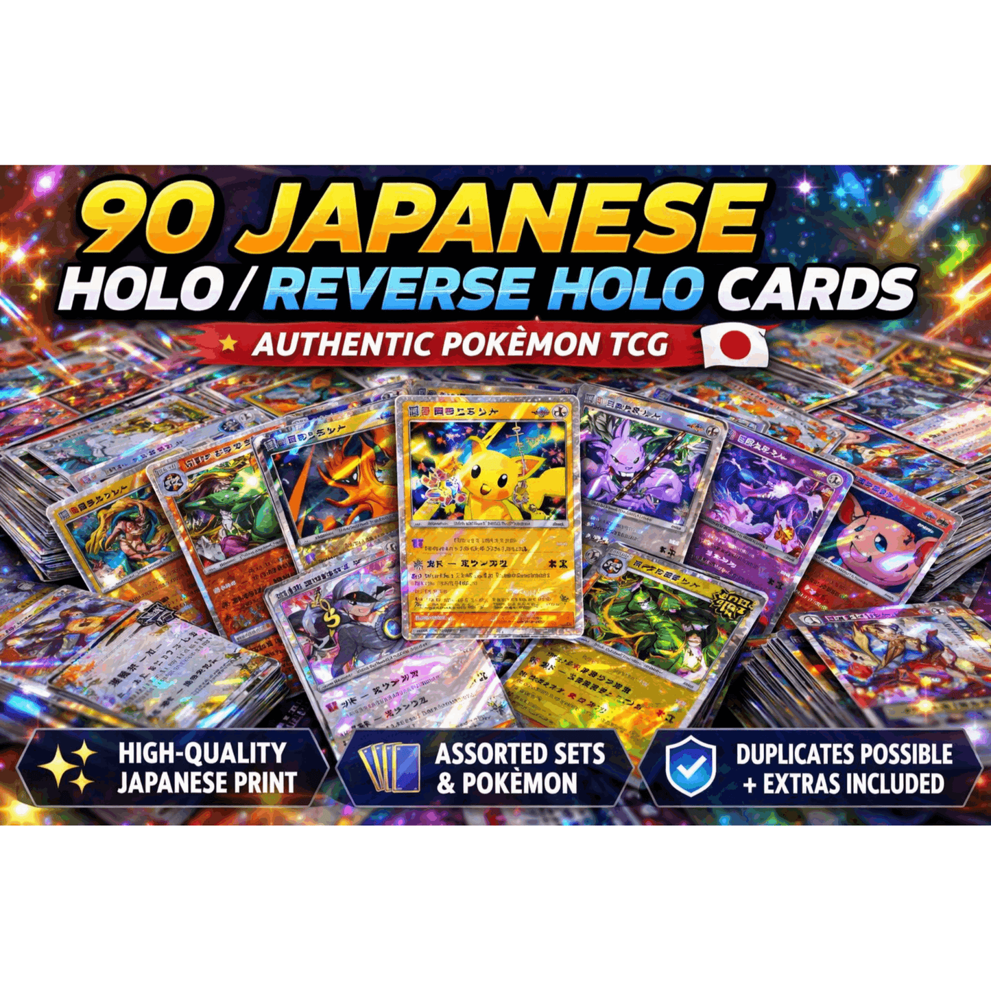 Japanese Pokemon Cards Lot 90ct Holo & Reverse Holo – 30 Holo + 60 Base Assorted Authentic Japanese Edition Holographic TCG Cards
