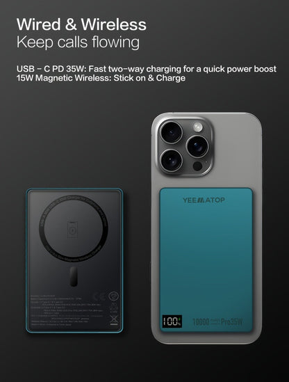 10000mAh Thin Magnetic Power Bank with 35W USB-C and 30W USB-A Port Markings in Four Colors