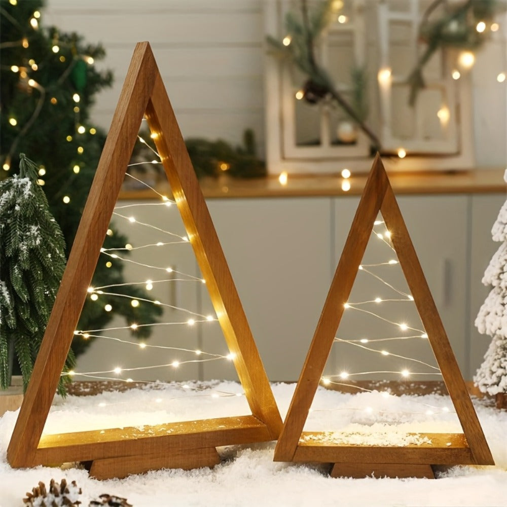 Wooden Light-Up Desktop Christmas Trees USB Powered - Mini Lighted Wood Tree Set for Holiday Decoration