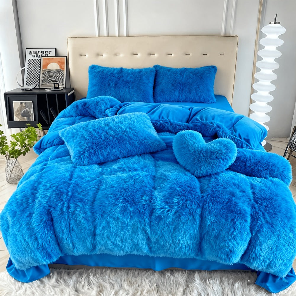 Velvet Duvet Cover Set Fluffy Plush Bedding Minimalist Solid Color, Carved Velvet Quilt Cover with Pillow Shams