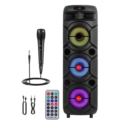 Triple 8-Inch Subwoofer PA Party Speaker with Wireless Stereo Pairing, LED Color Lights, FM Radio