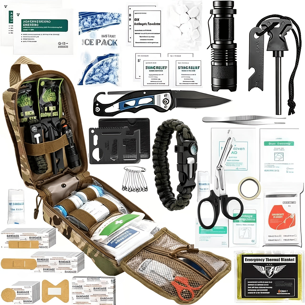217-Piece Outdoor Tool and First Aid Supply Kit with MOLLE Bag in Nine Color-Labeled Options