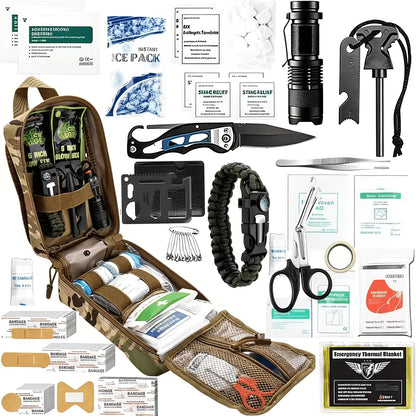 217-Piece Outdoor Tool and First Aid Supply Kit with MOLLE Bag in Nine Color-Labeled Options
