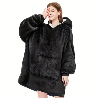 Reversible Hooded Wearable Blanket – Double-Sided Coral Fleece Suede Hoodie with Kangaroo Pocket, Machine Washable, 6 Colors