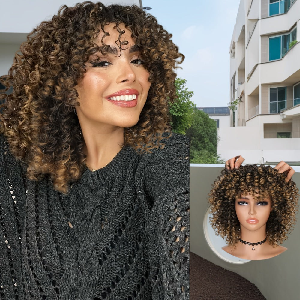 Synthetic Wig 14-Inch Kinky Curly Afro with Bangs, 180% Density and Stretch Net Cap for Daily Style