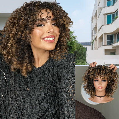 Synthetic Wig 14-Inch Kinky Curly Afro with Bangs, 180% Density and Stretch Net Cap for Daily Style