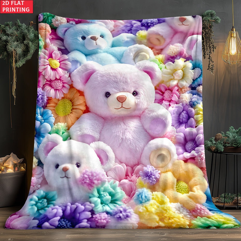 Teddy Bear Floral Blanket 2D Flat Print – Soft Lightweight Colorful Throw for Sofa Bed Travel Camping Office Living Room