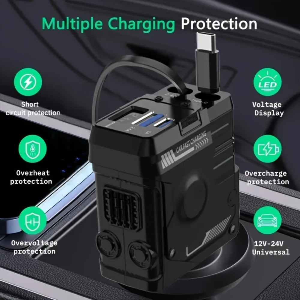 Dual Retractable Cable Car Charger 4-in-1 with Lightning & Type-C 31in, 2 USB-A Ports & Voltage Supervision