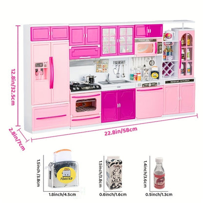 Pink Kitchen Toy Set 64pcs with Lights & Sounds, Mini Furniture Doll Playset for Girls, Pretend Play Kitchen Accessories