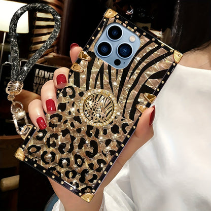 Phone Case Leopard Print Rectangular Cover with Ring Grip Kickstand for Select iPhone 12–16 Models