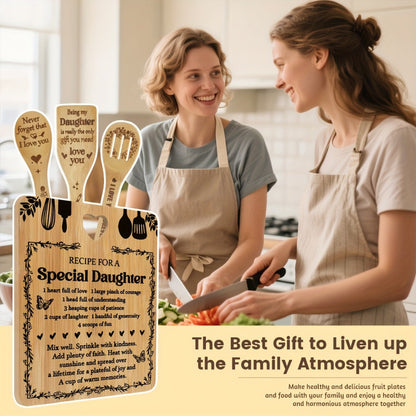 Engraved Bamboo Cutting Board Gift Set for Daughter, Recipe for a Special Daughter Kitchen Utensil Set