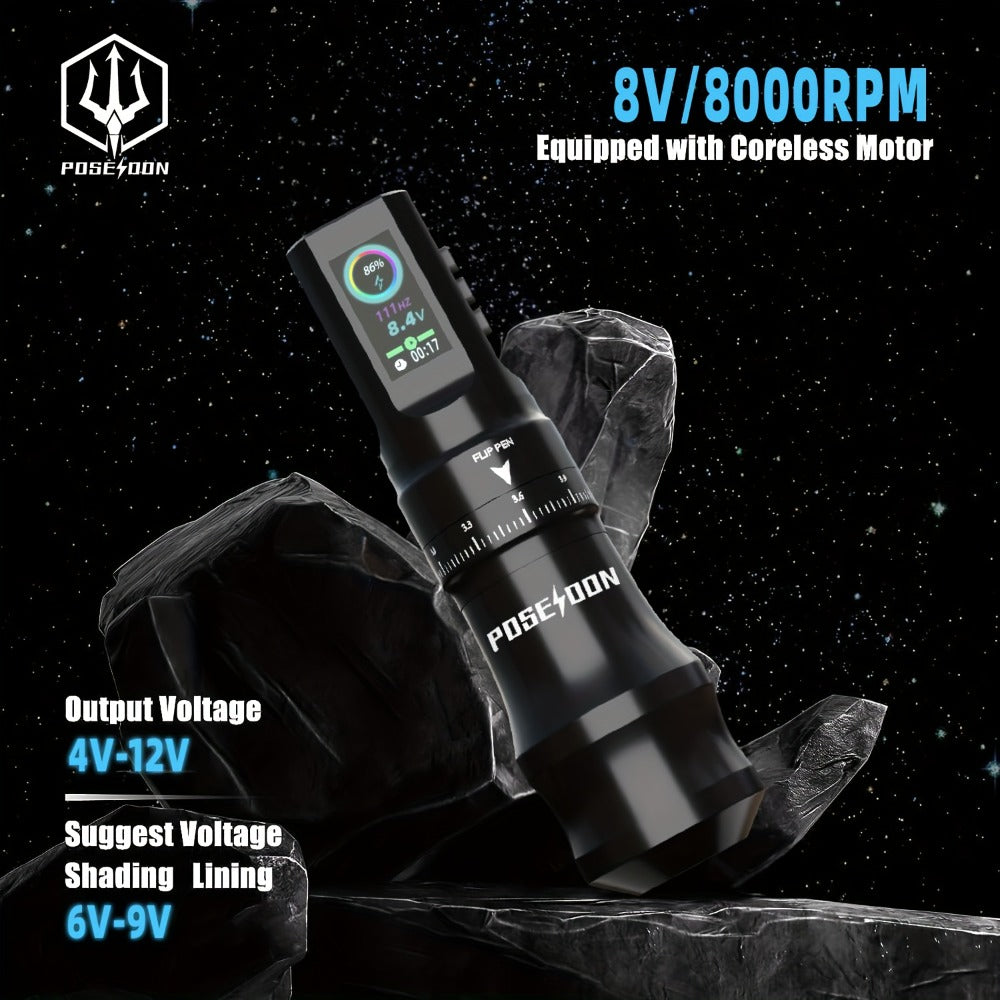 Tattoo Machine Kit POSEIDON TU33 Wireless Rotary Pen with LCD Color Screen, USB-C, 20 Cartridges and 11 Inks
