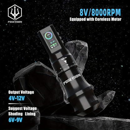 Tattoo Machine Kit POSEIDON TU33 Wireless Rotary Pen with LCD Color Screen, USB-C, 20 Cartridges and 11 Inks