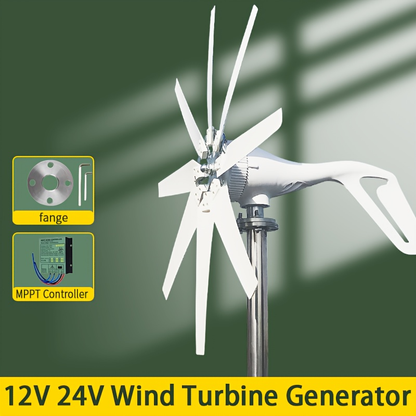Wind Power Generator 1000W Horizontal Axis, 12V 24V with MPPT Controller, 6-Blade Coreless Magnet
