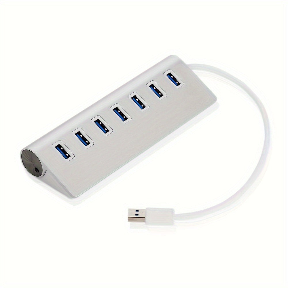 Silvery Seven-Port USB 3.0 Hub with USB-A Host Cable and Aluminum-Alloy Housing for Laptop Accessories