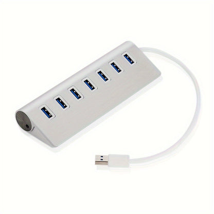 Silvery Seven-Port USB 3.0 Hub with USB-A Host Cable and Aluminum-Alloy Housing for Laptop Accessories