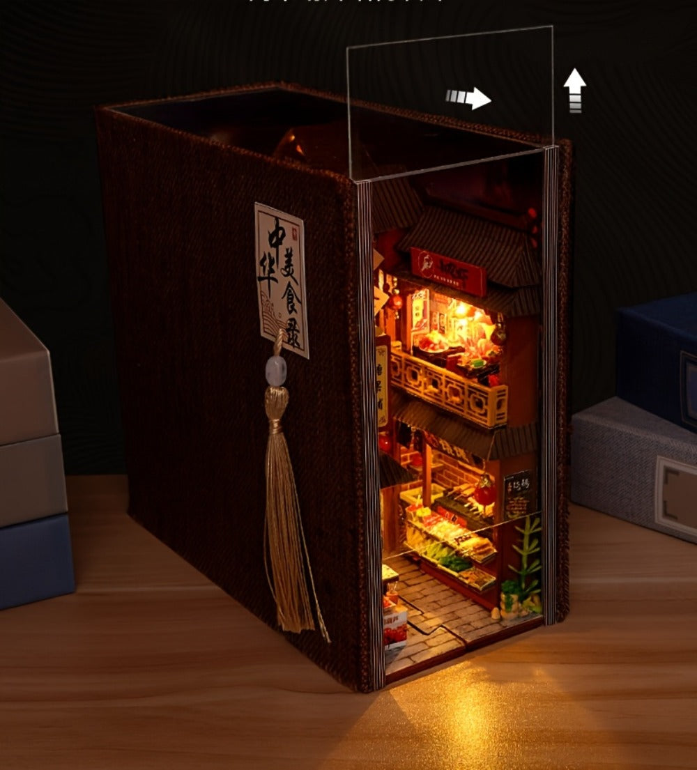 Book Nook Kit Chinese Food Street Miniature Dollhouse 3D Wooden Puzzle Bookshelf Insert DIY Model Building Set for Adults Teens
