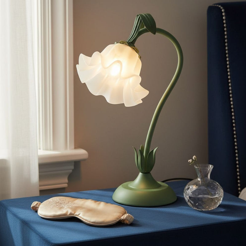 Table Lamp with Green Bellflower Stem, Floral Shade, Corded Power and Single Botanical Design
