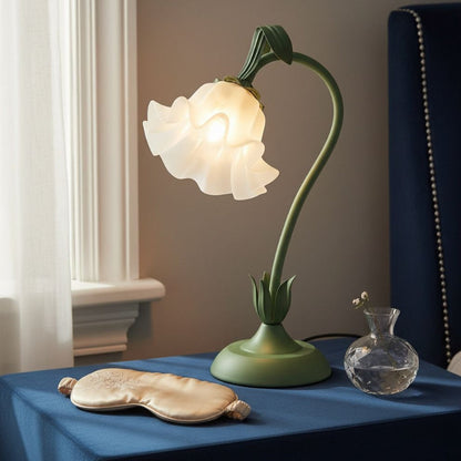 Table Lamp with Green Bellflower Stem, Floral Shade, Corded Power and Single Botanical Design