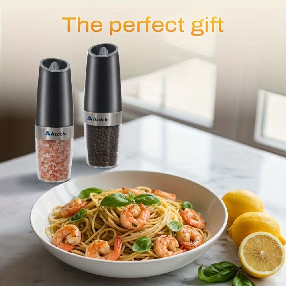 Electric Salt and Pepper Grinder Set with Two Black Gravity-Activated Mills, LED Lights and Grind Dial