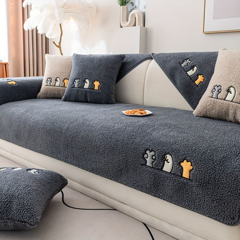 Sofa Cover Thick Plush Shearling Panels with Animal and Bone Embroidery and Backing Detail for 2 to 4 Seats