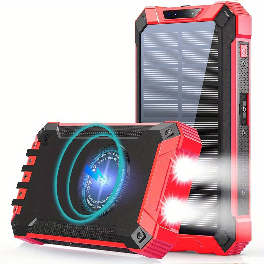 Power Bank Solar 28800mAh or 42800mAh with Wireless Charging, Four Cables and Dual Flashlights