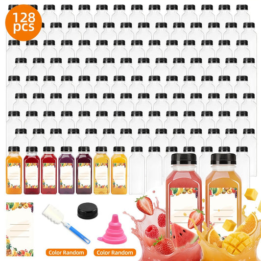 128pcs 12oz Empty Plastic Bottles Bulk, Reusable Clear Juice Containers with Funnel & Brush for Smoothies Ginger Tea Coffee