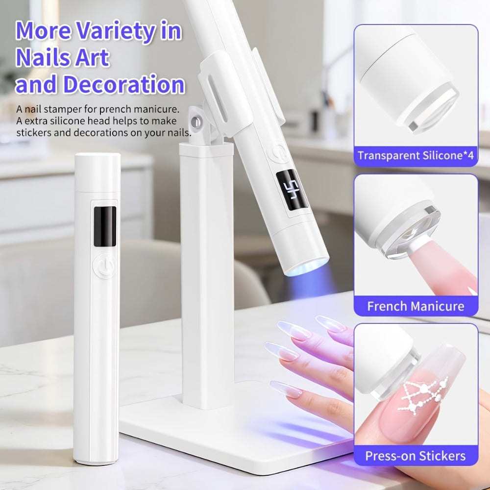 French Manicure Nail Stamper LED Lamp Kit, 4-Head Portable Rechargeable DIY Nail Art Tool with Nail Sticker