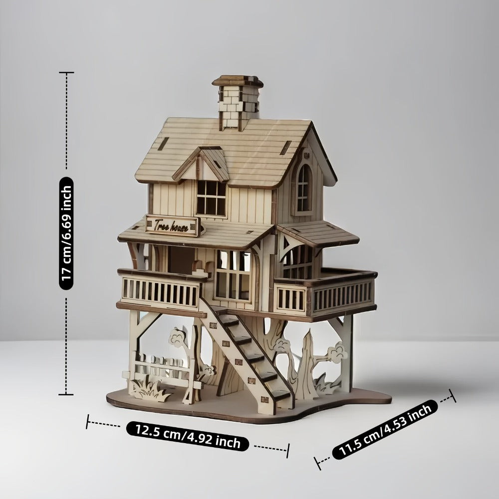 3D Wooden Tree House Puzzle Model Kit with 17 x 12.5 x 11.5 cm Display Size and Detailed Cabin Architecture