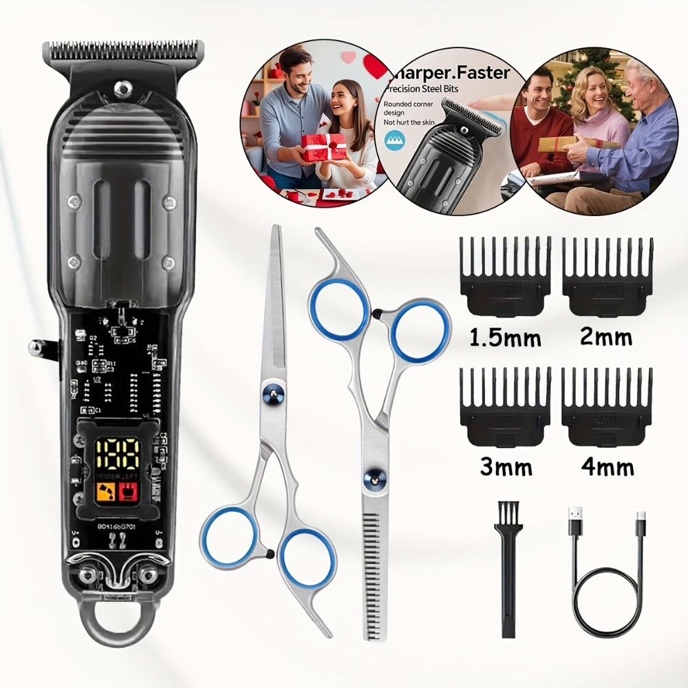 Hair Clippers & Trimmers Transparent LCD Kit with Full-Size Clipper, T-Blade Detailer, Foil Shaver and Type-C Charging