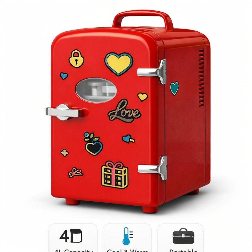 4-Liter Portable Mini Cooler and Warmer with Decorative Stickers, Carry Handle, Shelf and Black, Pink or Red Options