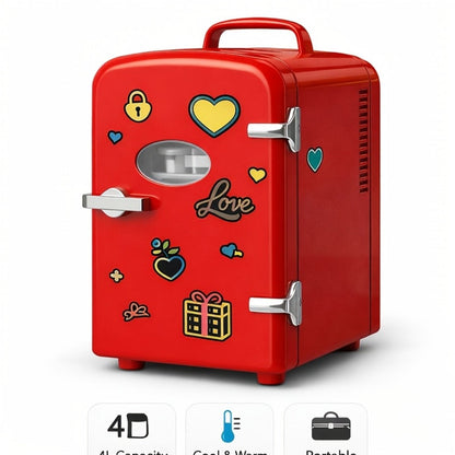 4-Liter Portable Mini Cooler and Warmer with Decorative Stickers, Carry Handle, Shelf and Black, Pink or Red Options
