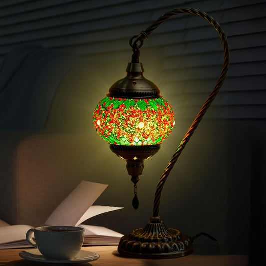 Table Lamp with Swan-Neck Mosaic Glass Shade, Metal Base, Six Color Options and Three White-Light Modes
