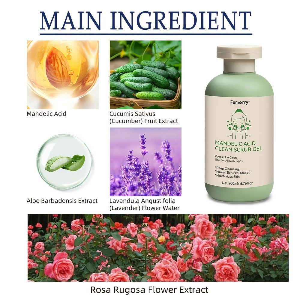 Mandelic Acid Exfoliating Gel 200ml with Aloe & Rose Extract, Deep Cleansing Pore Cleanser for Face & Body
