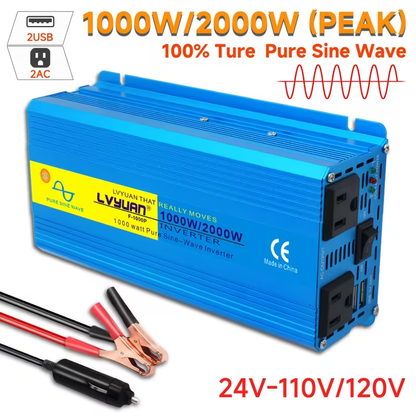 Blue 12V or 24V DC to 110V AC Power Inverter with 2000W Checkout Labels, USB Port and Battery Cables