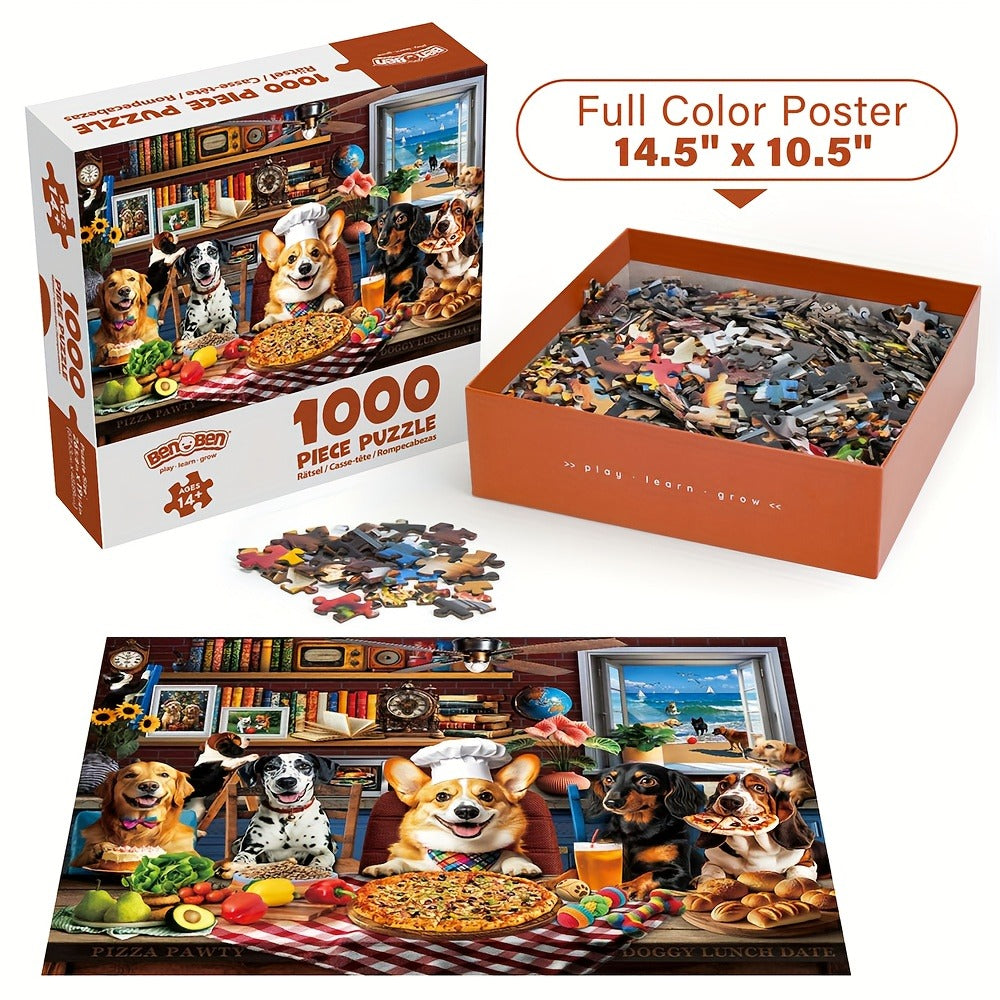 Dogs Dinner Party Jigsaw Puzzle 500 & 1000 Pieces for Adults – Funny Dog Art Puzzle with Letters on Back & Reference Poster