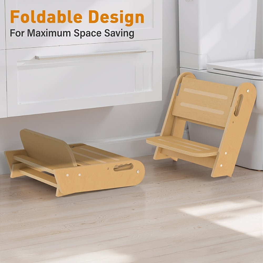 Natural Wood Two-Step Folding A-Frame Stool, 16 x 17 x 22 Inches with Carry Openings and Two Wide Steps