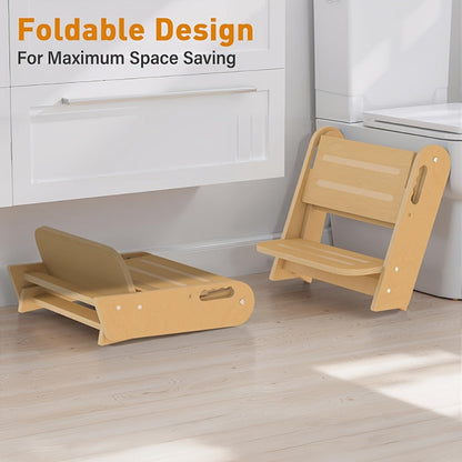 Natural Wood Two-Step Folding A-Frame Stool, 16 x 17 x 22 Inches with Carry Openings and Two Wide Steps